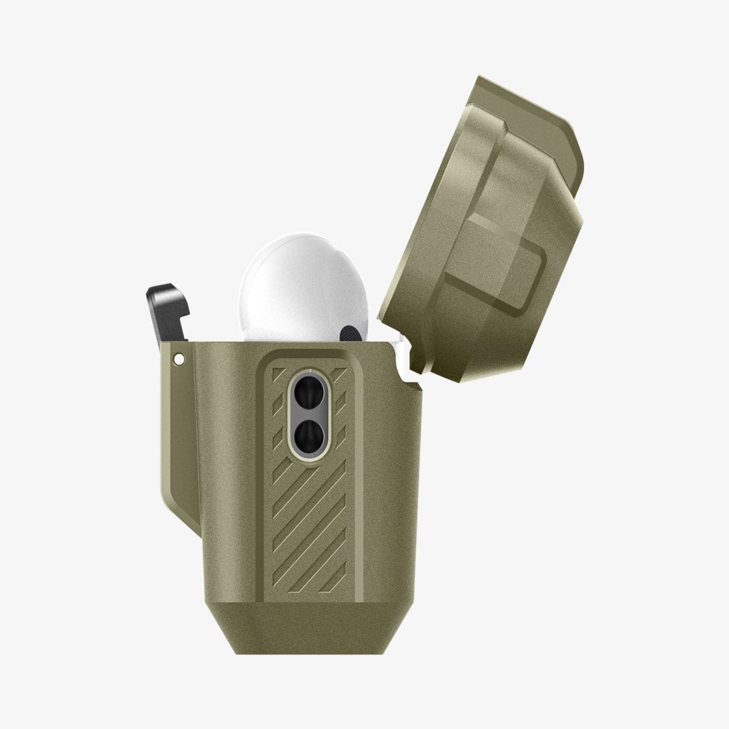 ACS05911 - Apple AirPods Pro 2 Case Lock Fit in vintage khaki showing the side with top open and AirPods inside
