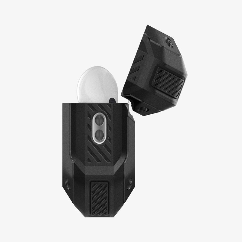 ACS05480 - Apple AirPods Pro 2 Case Tough Armor in black showing the side with top open and AirPods inside