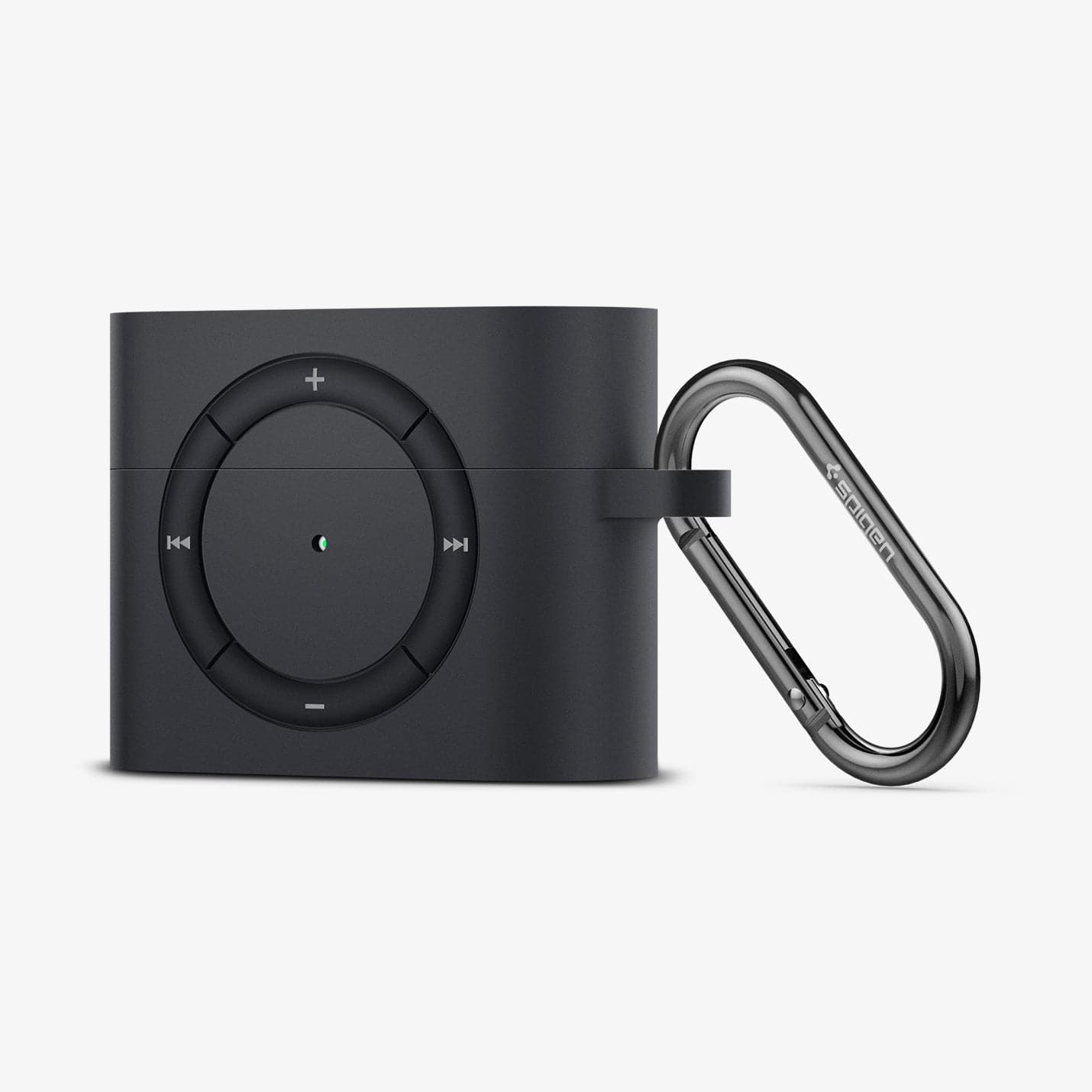 ASD00838 - Apple AirPods Pro Case Classic Shuffle in charcoal gray showing the front and side with carabiner