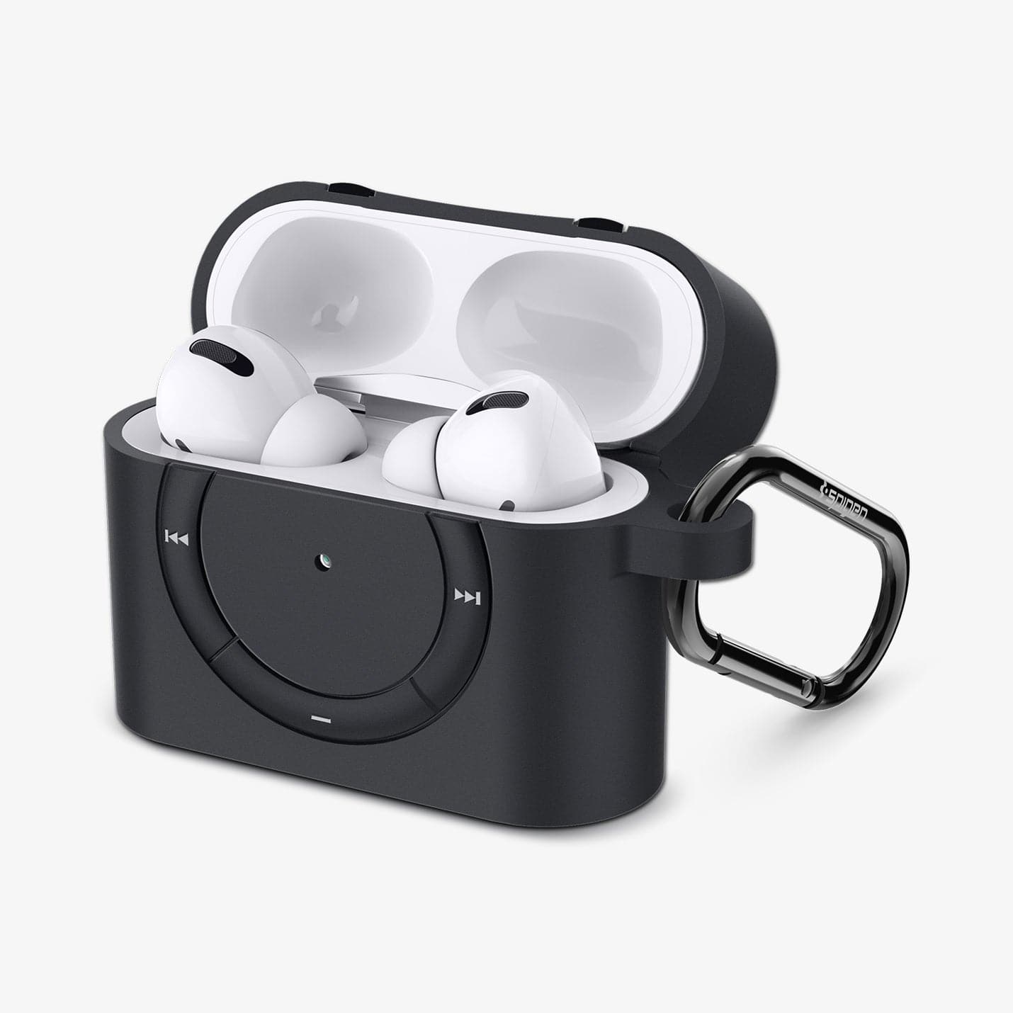 ASD00838 - Apple AirPods Pro Case Classic Shuffle in charcoal gray showing the front and side with top open and AirPods inside