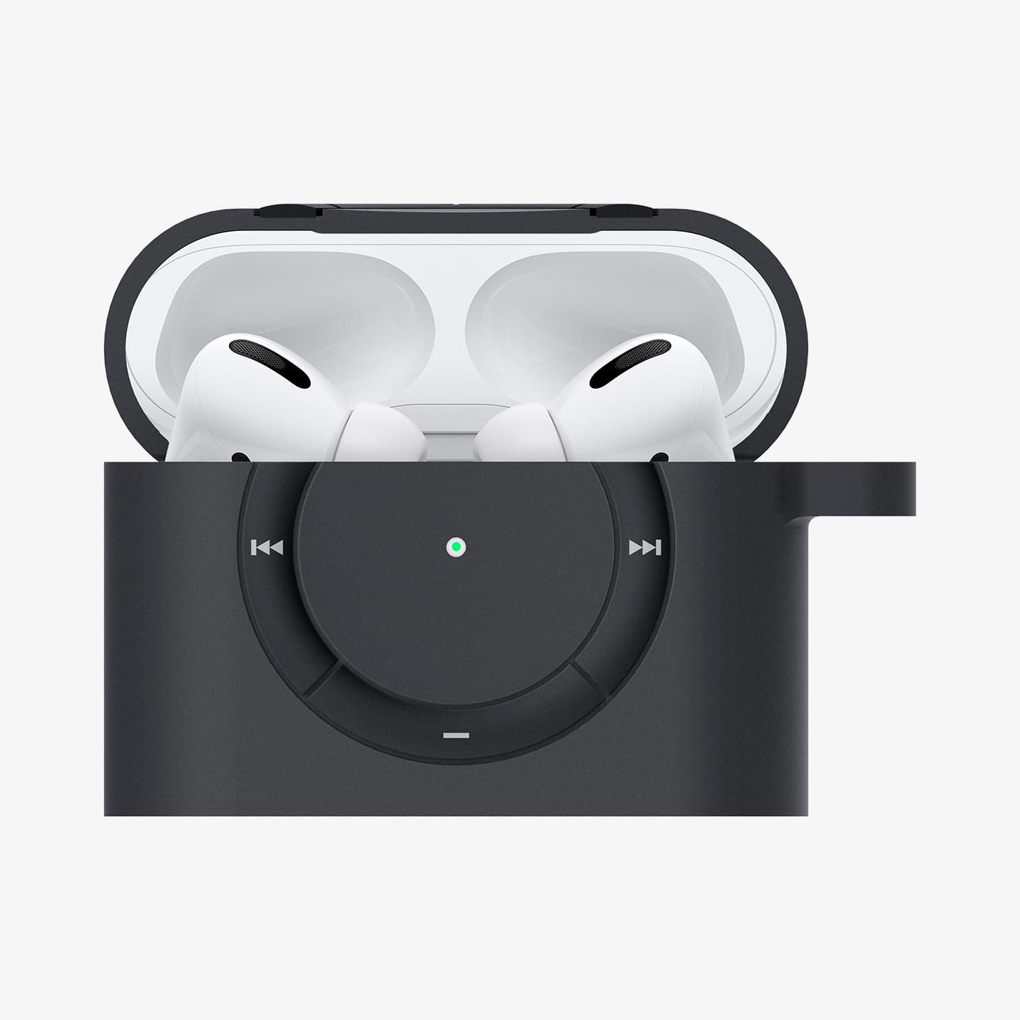 ASD00838 - Apple AirPods Pro Case Classic Shuffle in charcoal gray showing the front with top open and AirPods inside