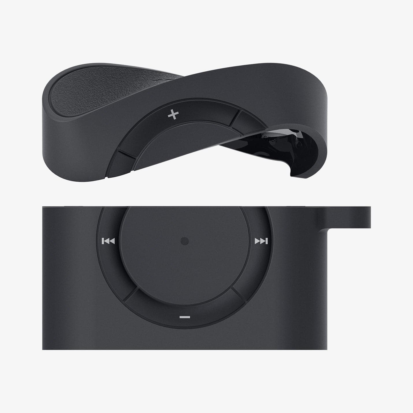 ASD00838 - Apple AirPods Pro Case Classic Shuffle in charcoal gray showing the top half of case bending and hovering above bottom half of case