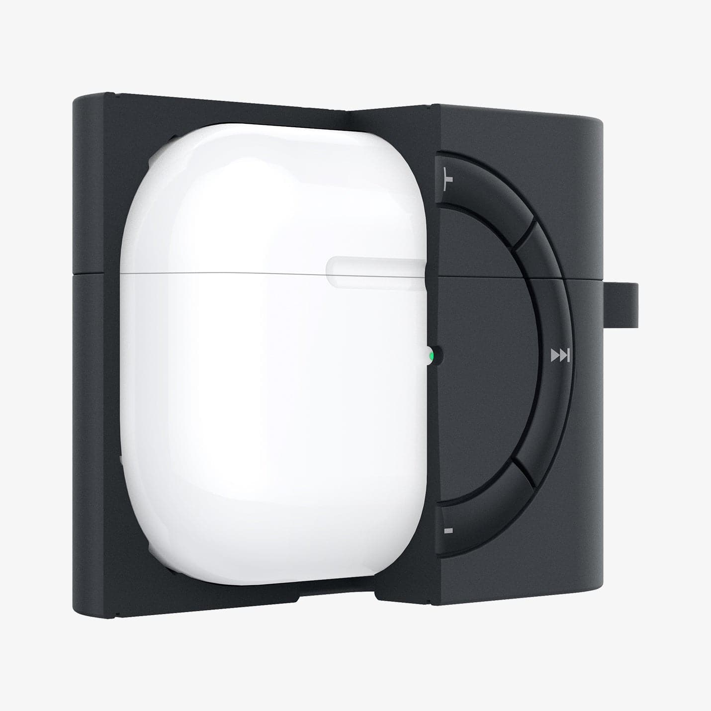 ASD00838 - Apple AirPods Pro Case Classic Shuffle in charcoal gray showing the front with case cut half open