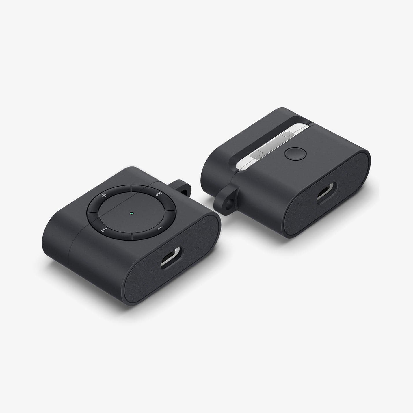 ASD00838 - Apple AirPods Pro Case Classic Shuffle in charcoal gray showing the front, back and bottom