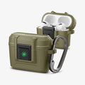 ACS05910 - Apple AirPods Pro Case Lock Fit in vintage khaki showing the front and side with carabiner and a second case with top open and AirPods inside