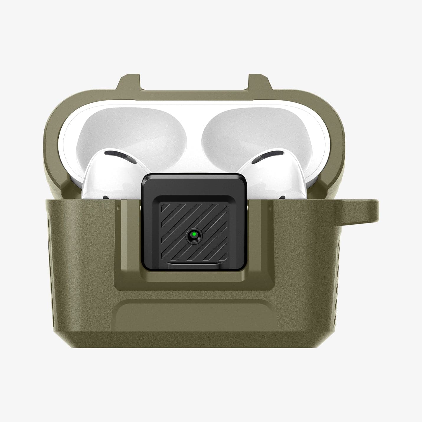 ACS05910 - Apple AirPods Pro Case Lock Fit in vintage khaki showing the front with top open and AirPods inside