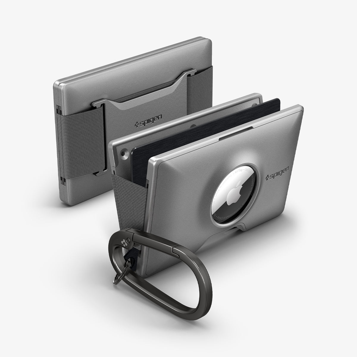 AHP04276 - AirTag Card Holder Wallet S + KeyRing in gunmetal showing the front, back and sides with keyring