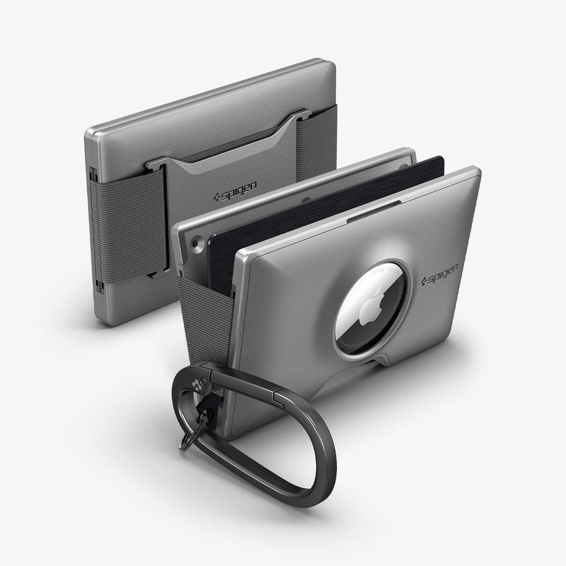 AHP04276 - AirTag Card Holder Wallet S + KeyRing in gunmetal showing the front, back and sides with keyring