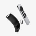 ACS03746 - Siri Remote (2nd Generation) Silicone Fit / AirTag in black showing the remote, airtag and case