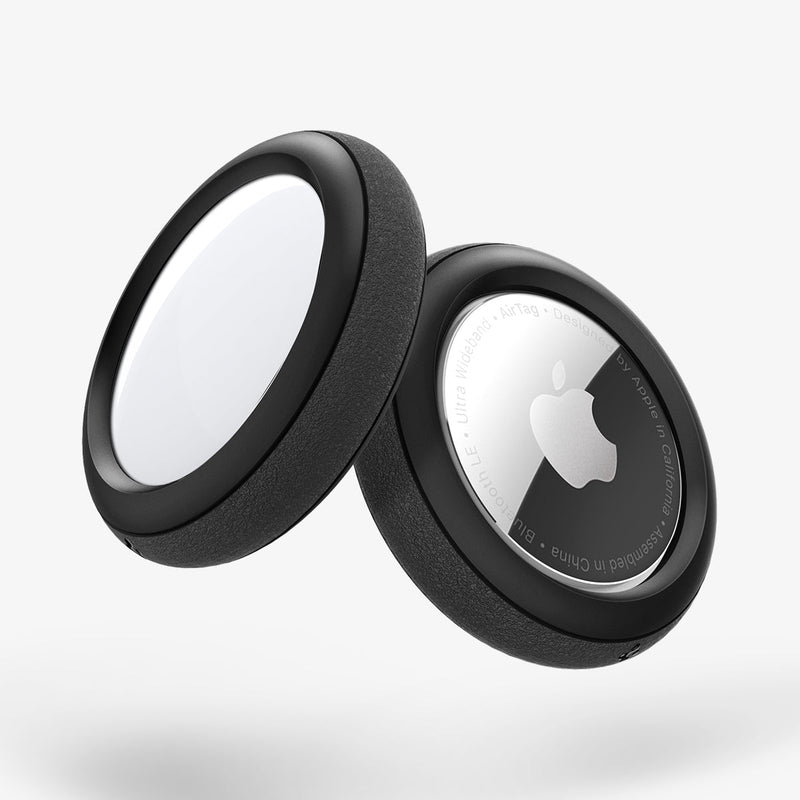 AHP03070 - Apple AirTag Case Silicone Fit in black showing the front displaying both sides of Airtag