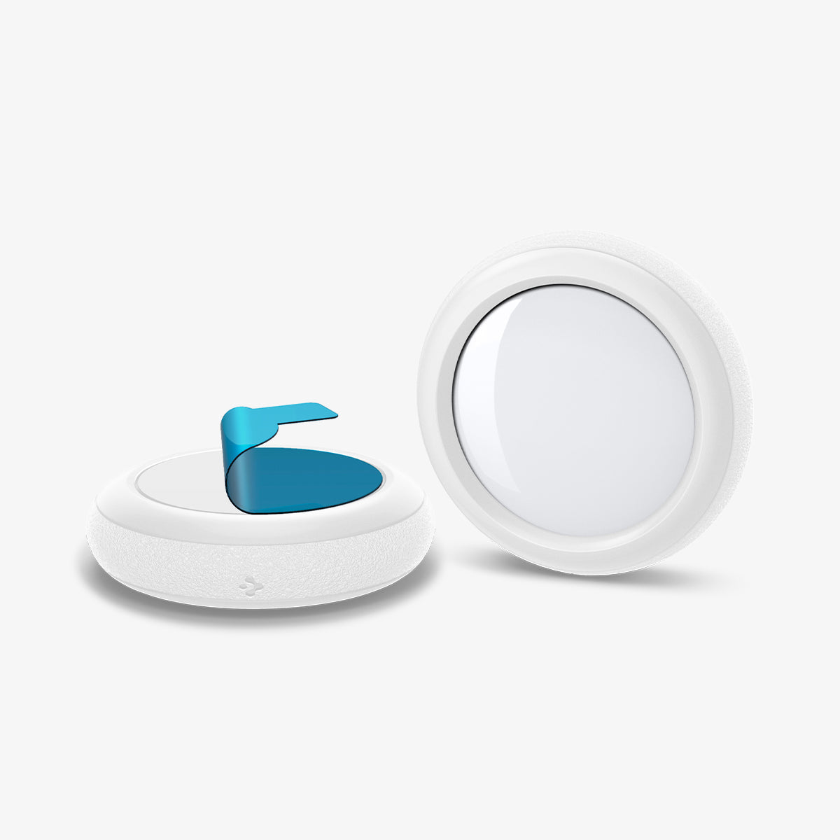 AHP03071 - Apple AirTag Case Silicone Fit in white showing the front and back with adhesive sticker slightly pulled back