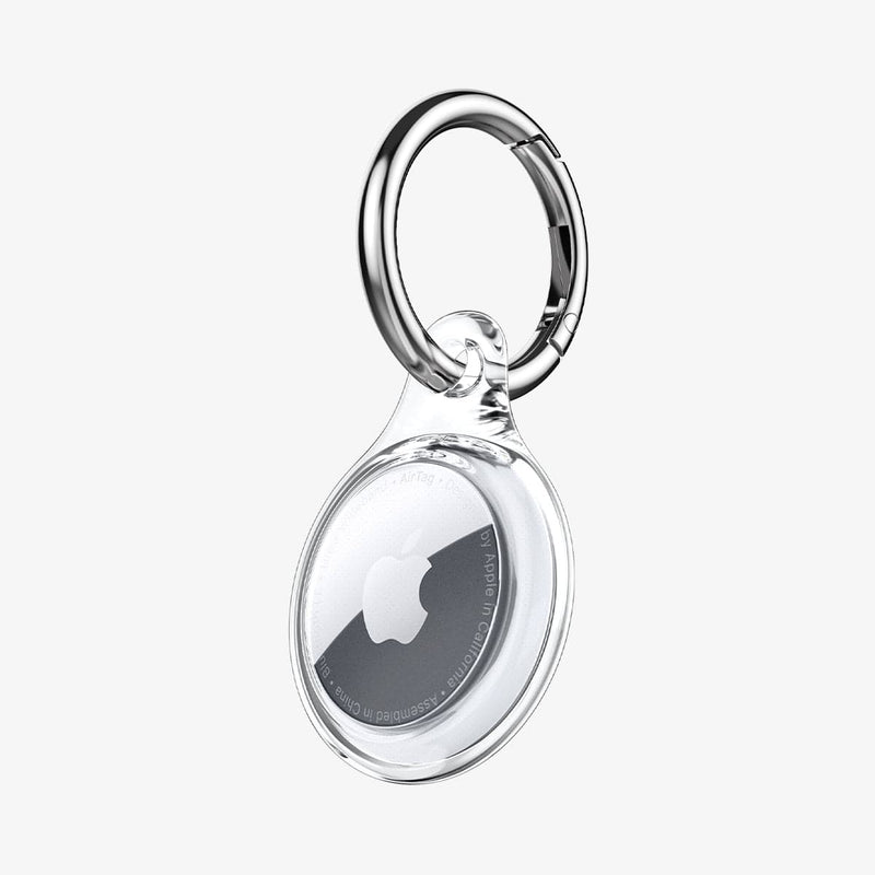AHP03124 - Apple AirTag Case Ultra Hybrid in crystal clear showing the front with airtag angled in front with keyring