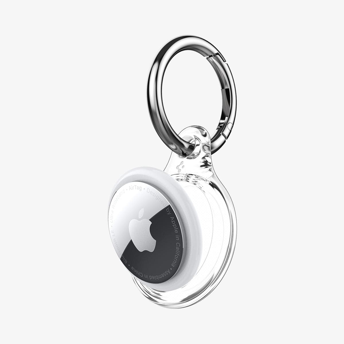 AHP03124 - Apple AirTag Case Ultra Hybrid in crystal clear showing the front with airtag angled in front with keyring