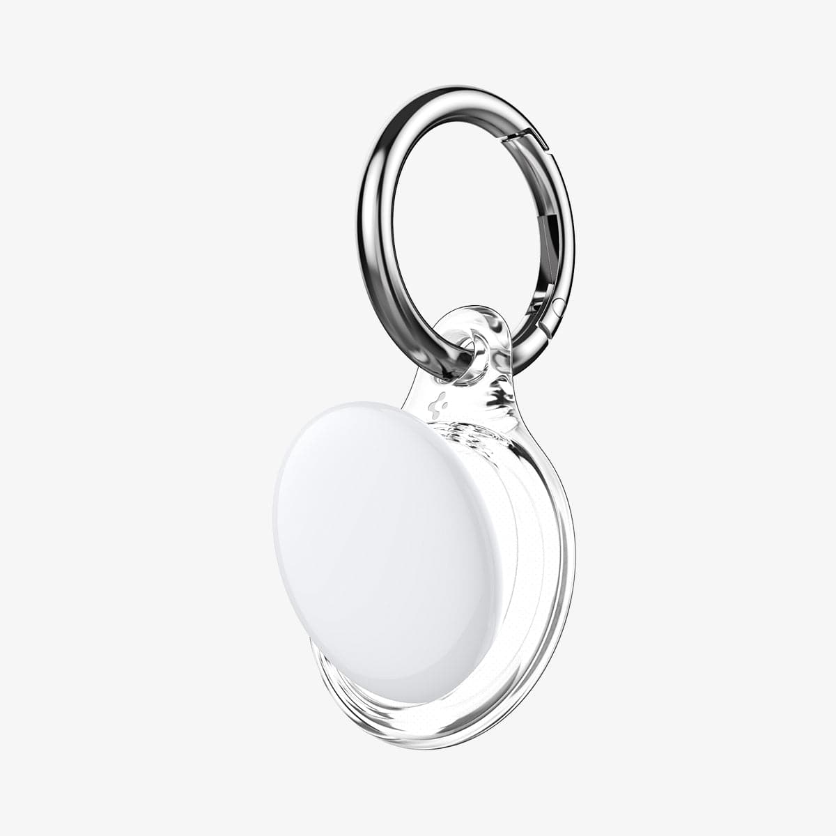 AHP03124 - Apple AirTag Case Ultra Hybrid in crystal clear showing the front with airtag angled in with keyring