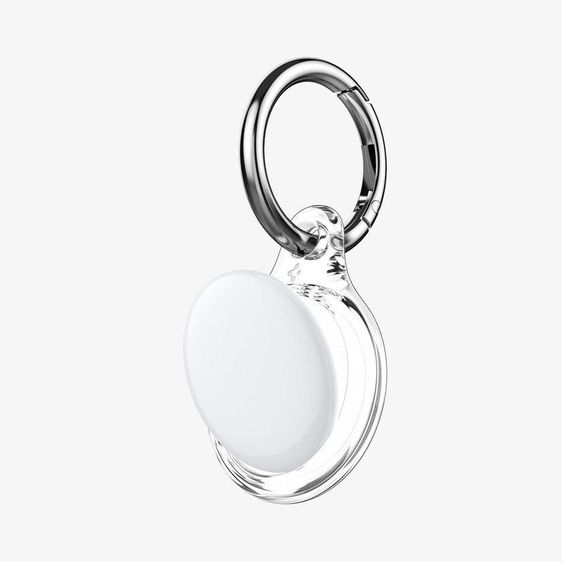 AHP03124 - Apple AirTag Case Ultra Hybrid in crystal clear showing the front with airtag angled in with keyring