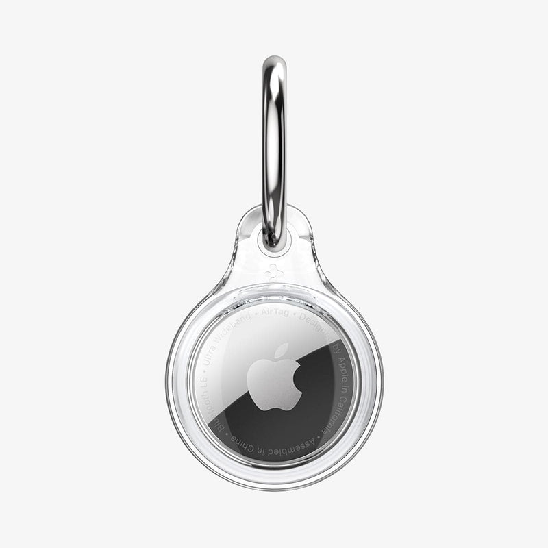 AHP03124 - Apple AirTag Case Ultra Hybrid in crystal clear showing the back with airtag and keyring