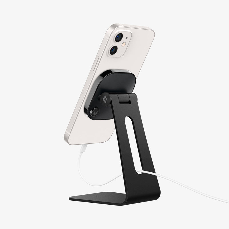 AMP02573 - OneTap Magnetic Stand in black showing the back with phone charging
