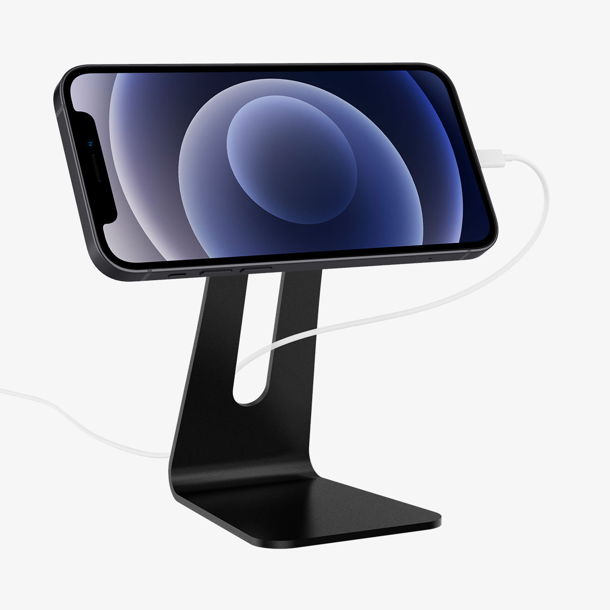 AMP02573 - OneTap Magnetic Stand (MagFit) in black showing the front with device on stand horizontally being charged
