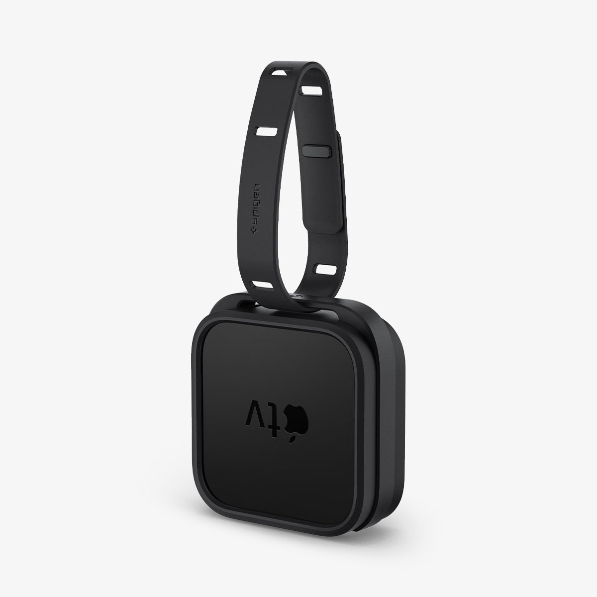 AMP03785 - Apple TV 4K Mount Silicone Fit in black showing the front and side with strap