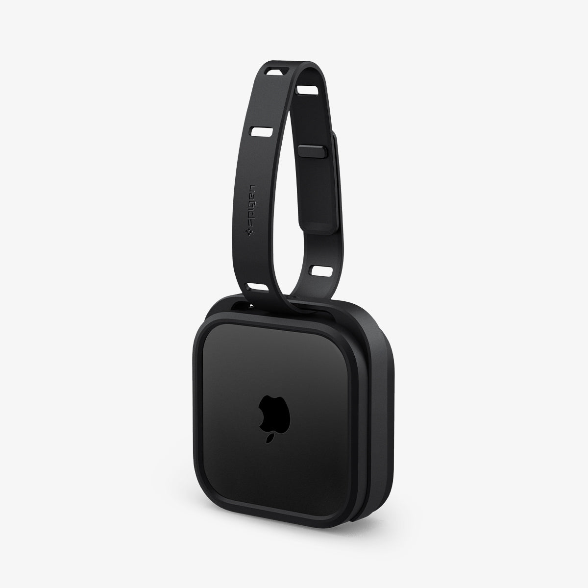 AMP05858 - Apple TV 4K (3rd Gen) Mount Silicone Fit in black showing the front and side with strap