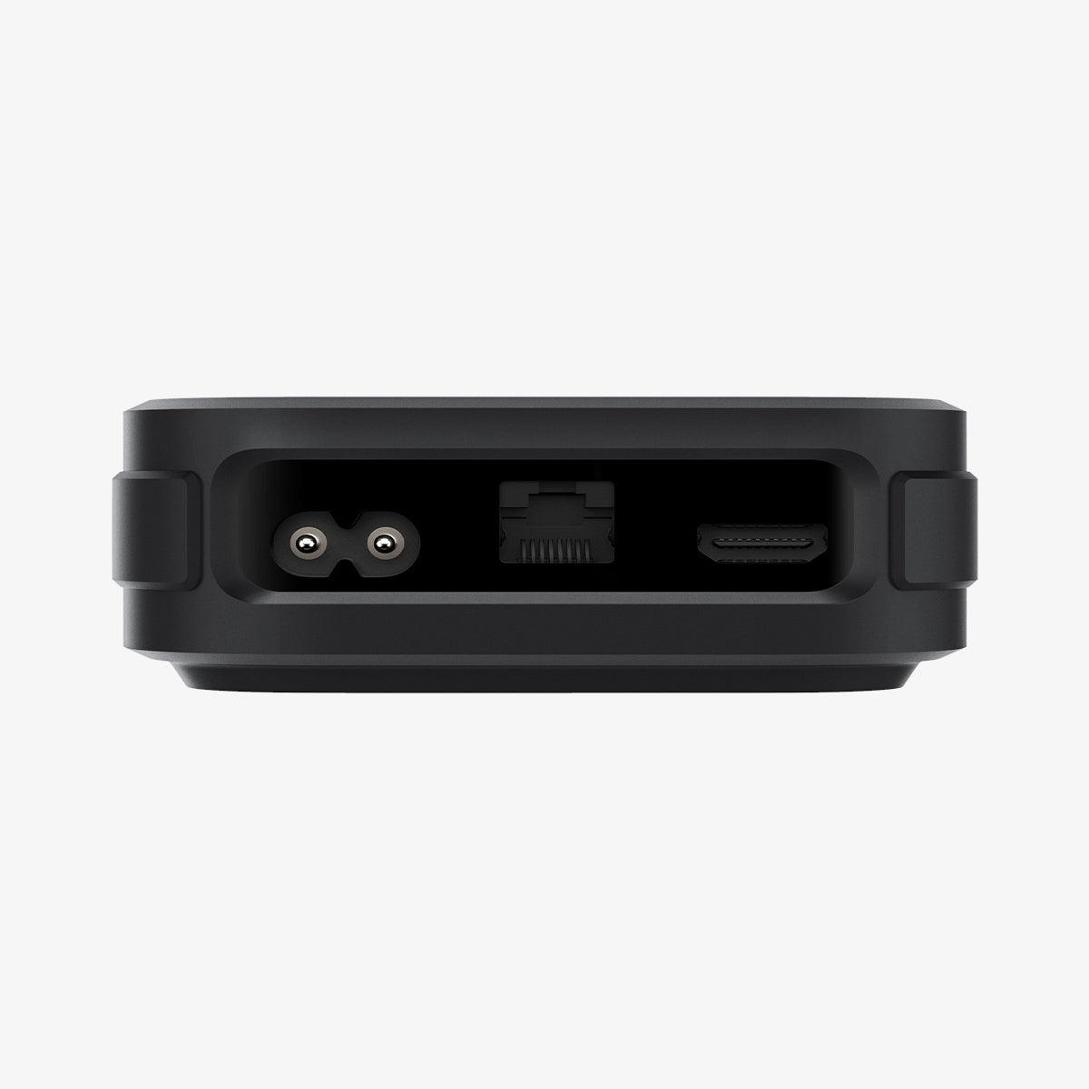 AMP05858 - Apple TV 4K (3rd Gen) Mount Silicone Fit in black showing the back cutout for ports