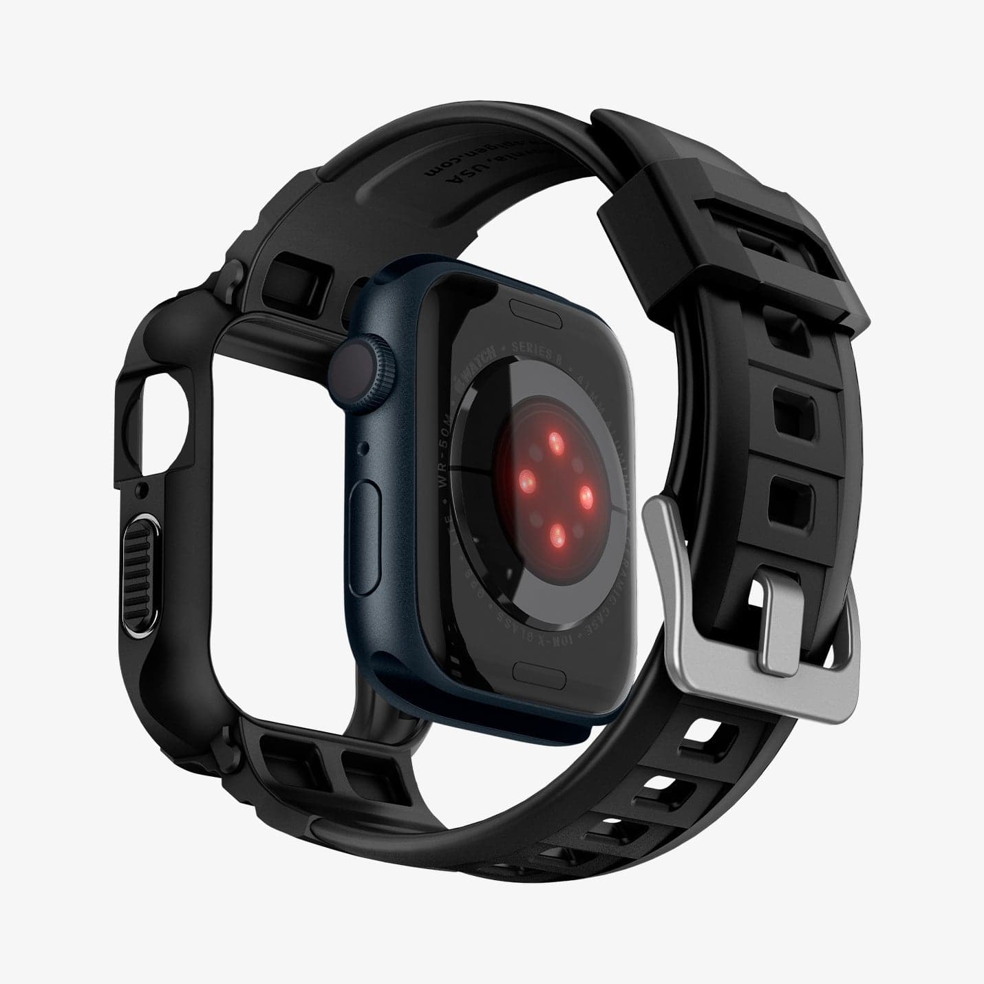 ACS00546 - Apple Watch Series (Apple Watch (41mm)) Case Rugged Armor Pro in black showing the back with watch face hovering away from band