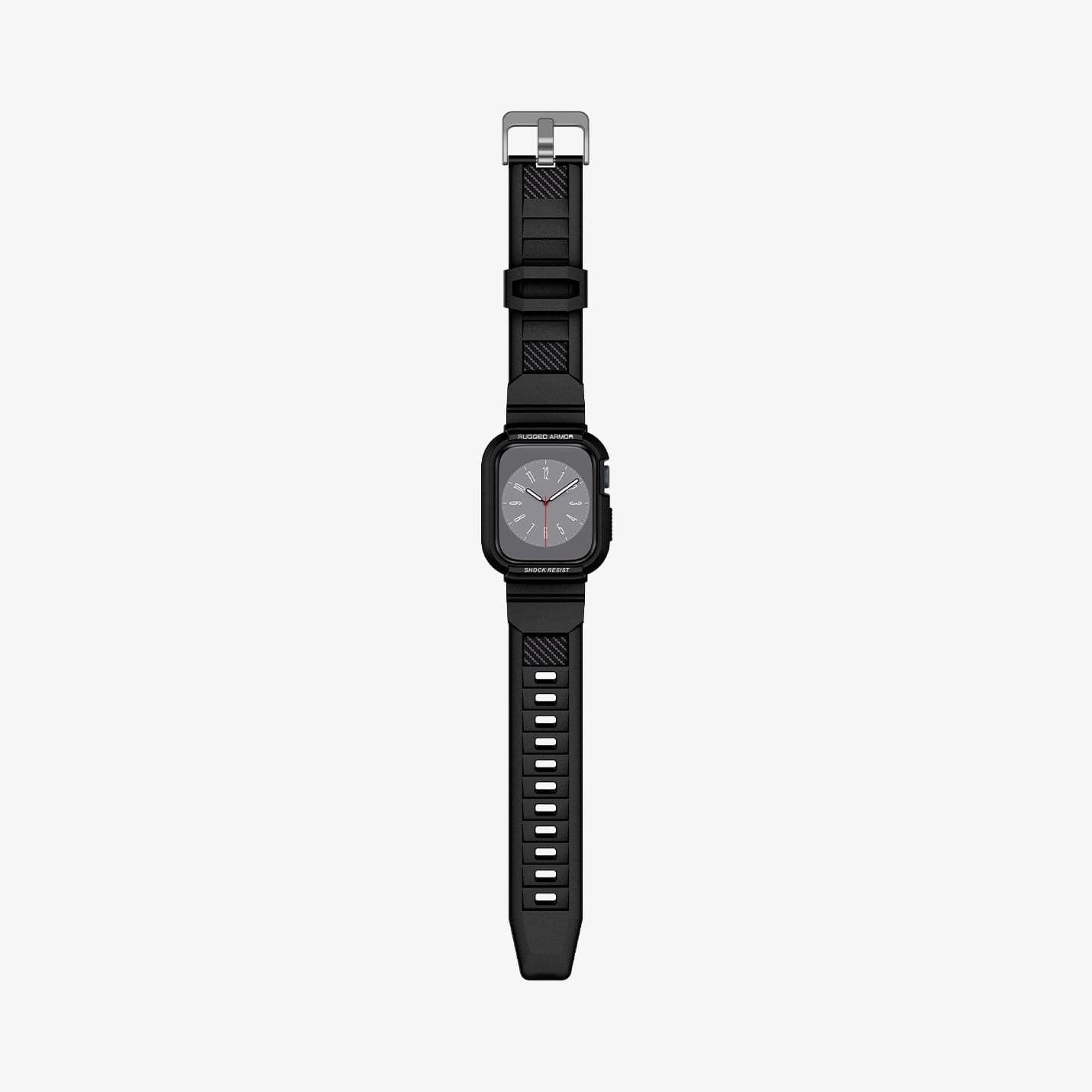 ACS00546 - Apple Watch Series (Apple Watch (41mm)) Case Rugged Armor Pro in black showing the front with watch band laid out flat