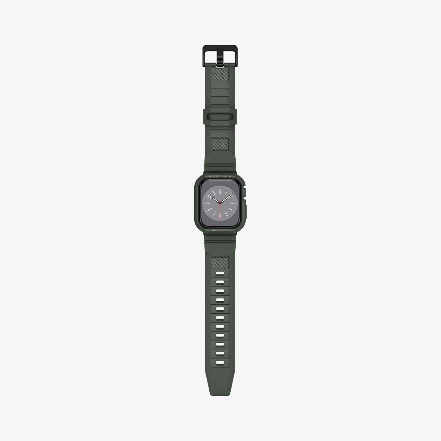 ACS00547 - Apple Watch Series (Apple Watch (41mm)) Case Rugged Armor Pro in military green showing the front with watch band laid out flat
