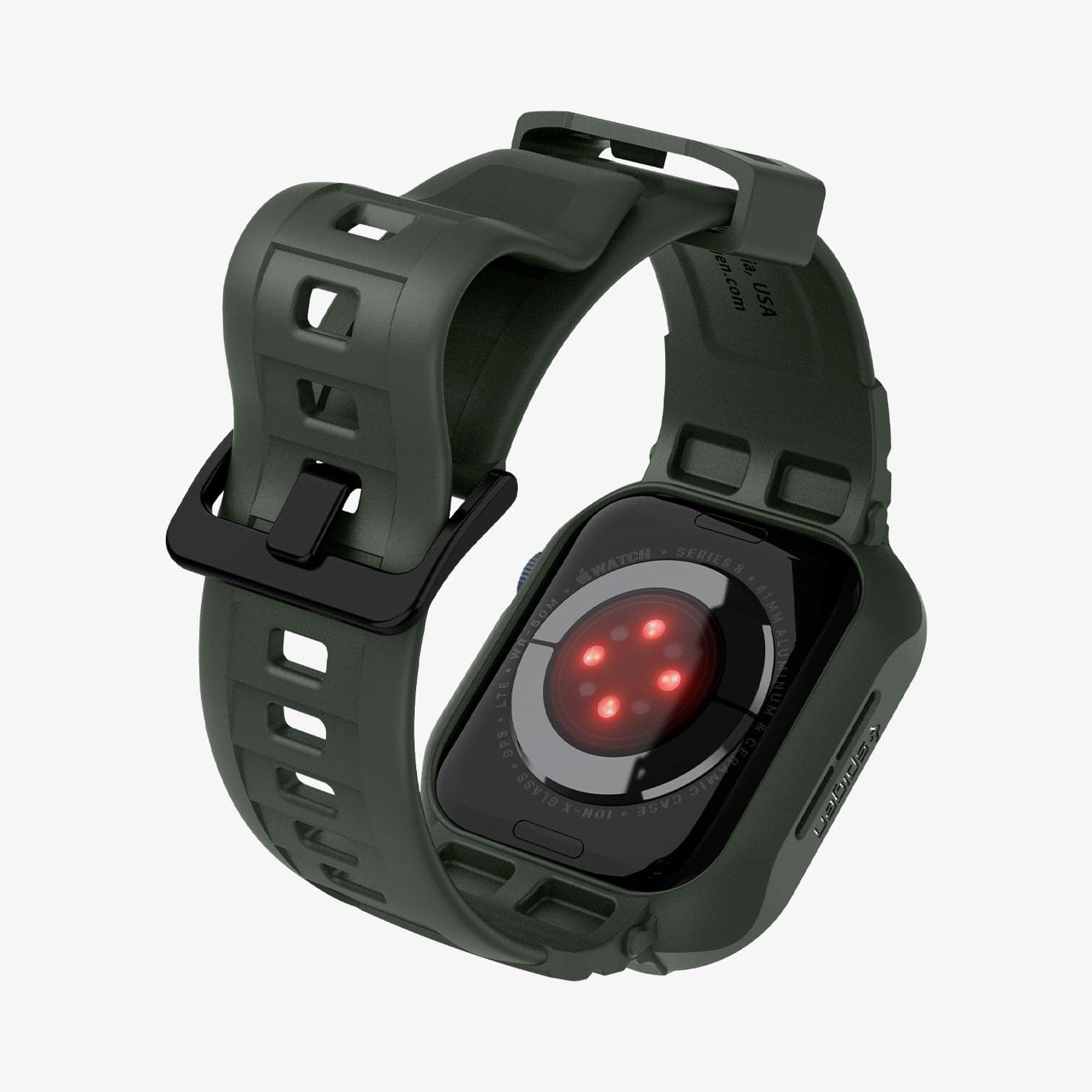 ACS00547 - Apple Watch Series (Apple Watch (41mm)) Case Rugged Armor Pro in military green showing the back and inside of band