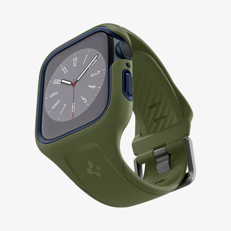 ACS04408 - Apple Watch Series (45mm) Case Liquid Air Pro in moss green showing the front, bottom and inside of band