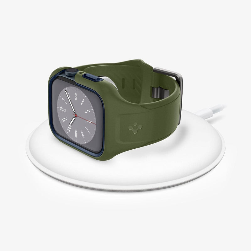 ACS04408 - Apple Watch Series (45mm) Case Liquid Air Pro in moss green showing the front with watch on wireless charger