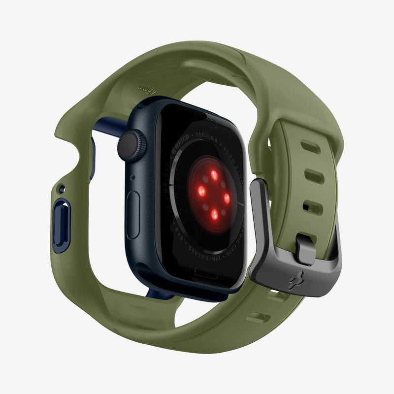 ACS04408 - Apple Watch Series (45mm) Case Liquid Air Pro in moss green showing the back with watch face hovering away from band