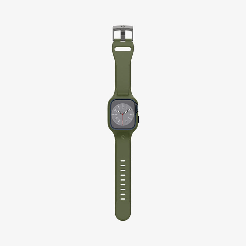 ACS04408 - Apple Watch Series (45mm) Case Liquid Air Pro in moss green showing the front with watch band laid out flat