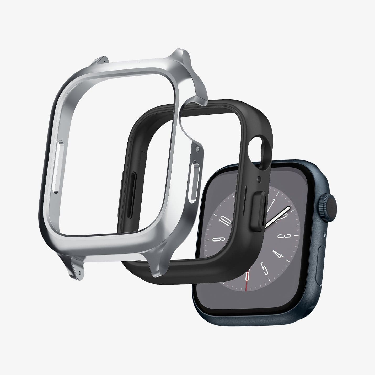 ACS04584 - Apple Watch Series (Apple Watch (45mm)) Case Metal Fit Pro in silver showing the multiple layers of case hovering in front of watch face