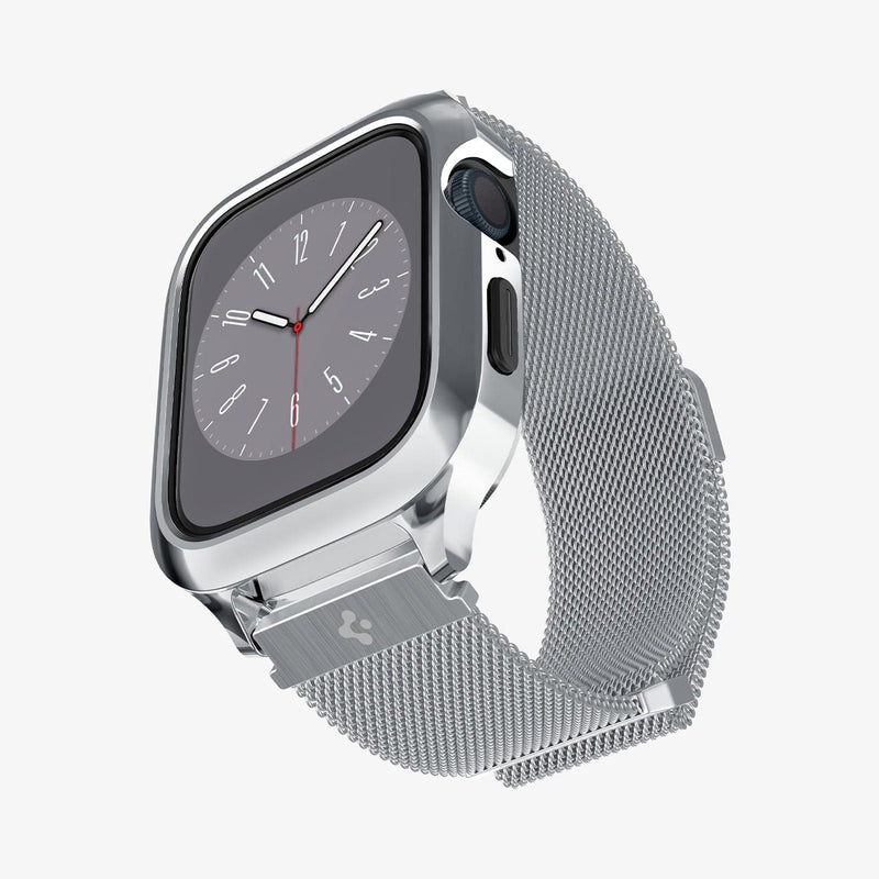ACS04584 - Apple Watch Series (Apple Watch (45mm)) Case Metal Fit Pro in silver showing the front, bottom and inside of band