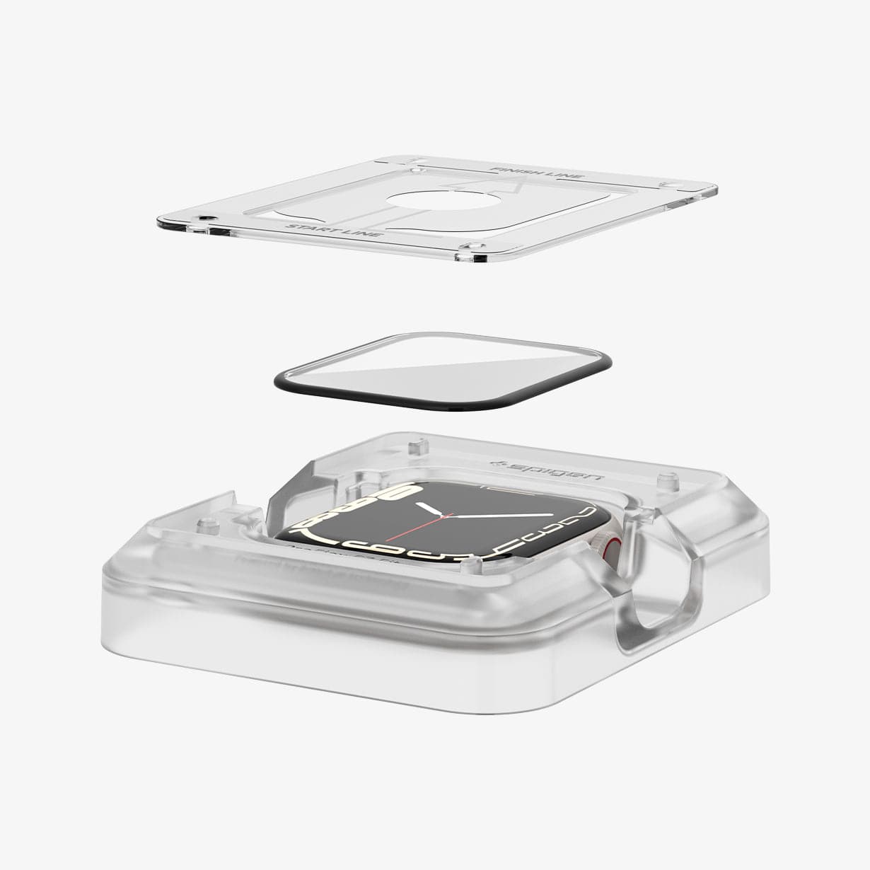 AFL04051 - Apple Watch Series (45mm) Screen Protector ProFlex EZ Fit showing the watch face installed in ez fit tray and screen protector hovering above