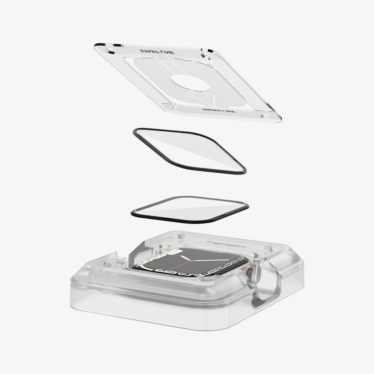 AFL04052 - Apple Watch Series (41mm) Screen Protector ProFlex EZ Fit showing two screen protectors hovering above watch face installed in ez fit tray