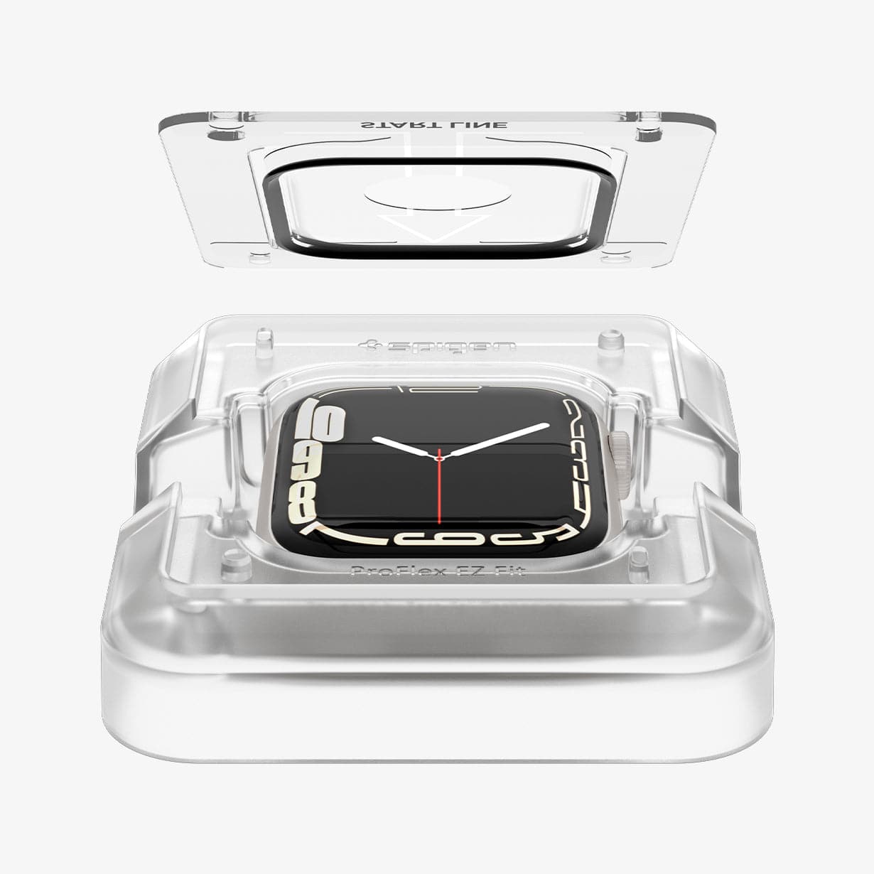 AFL04052 - Apple Watch Series (41mm) Screen Protector ProFlex EZ Fit showing the watch face installed in ez fit tray and screen protector hovering above