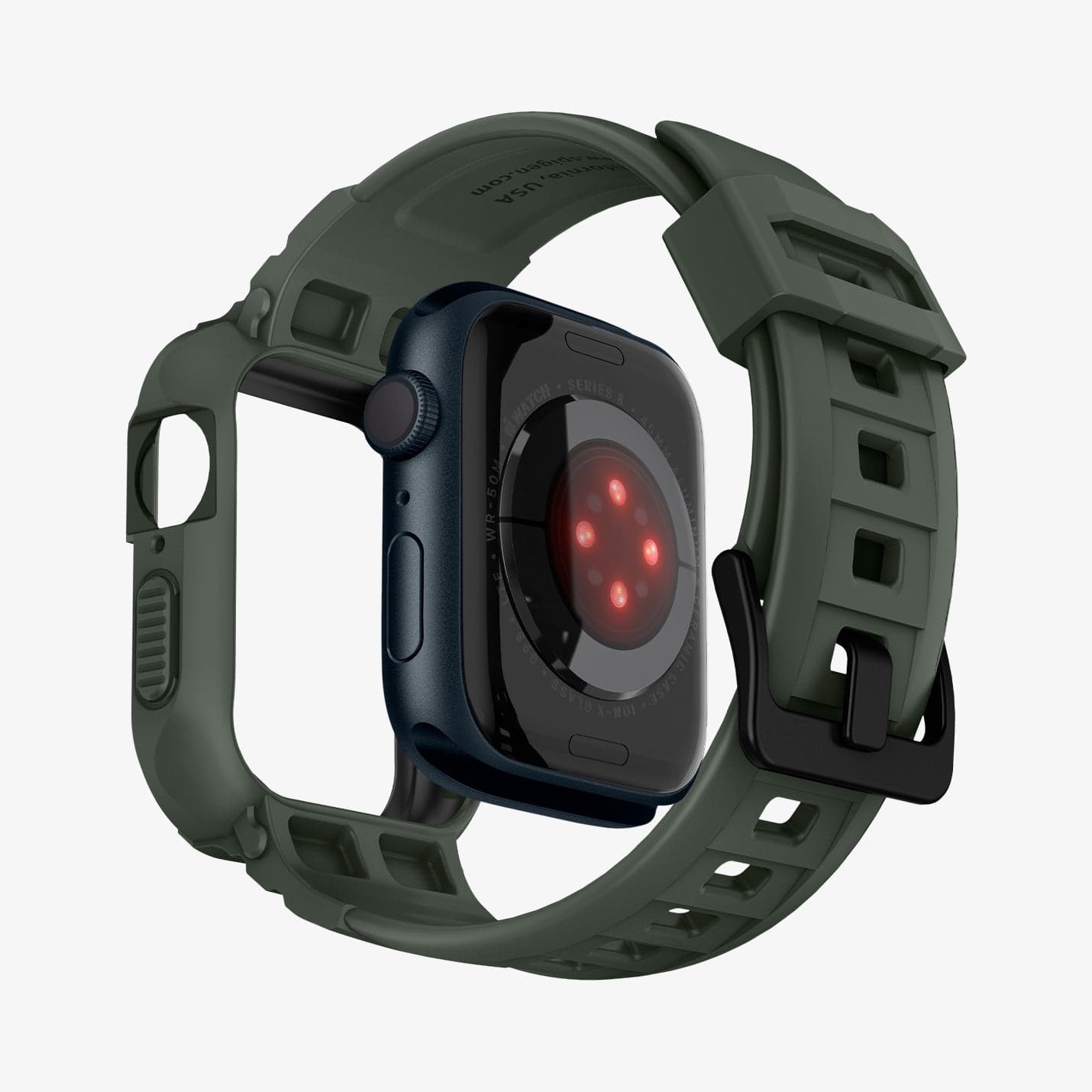 062CS26016 - Apple Watch Series (Apple Watch (45mm)) Case Rugged Armor Pro in military green showing the back with watch face hovering away from band