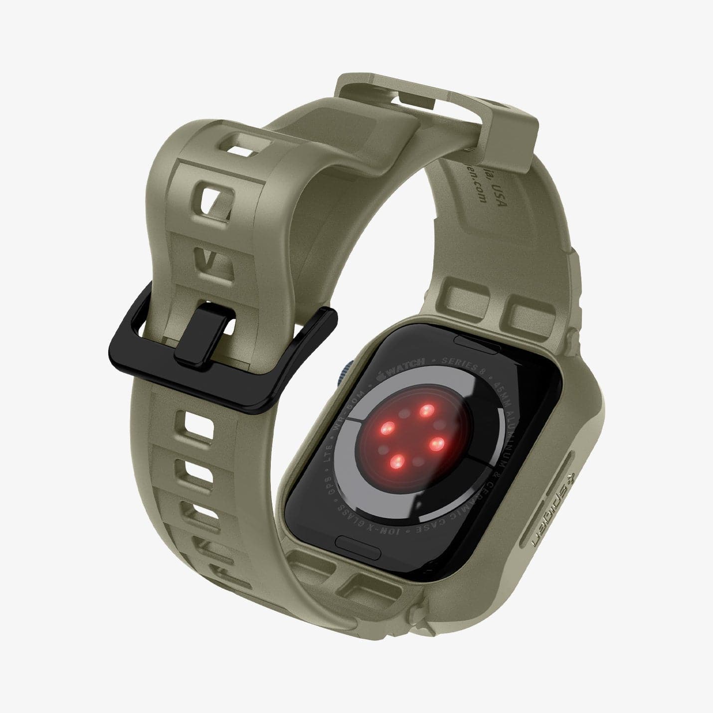 ACS05914 - Apple Watch Series (Apple Watch (45mm)) Case Rugged Armor Pro in vintage khaki showing the back and inside of band