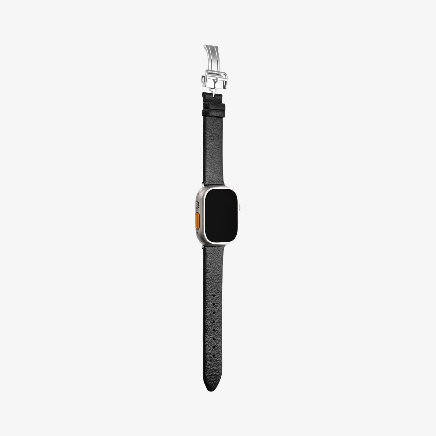 AMP06926 - Apple Watch Series (Apple Watch (49mm)/Apple Watch (45mm)/Apple Watch (42mm)) Watch Band Enzo in black showing the front and side with watch band laid out flat