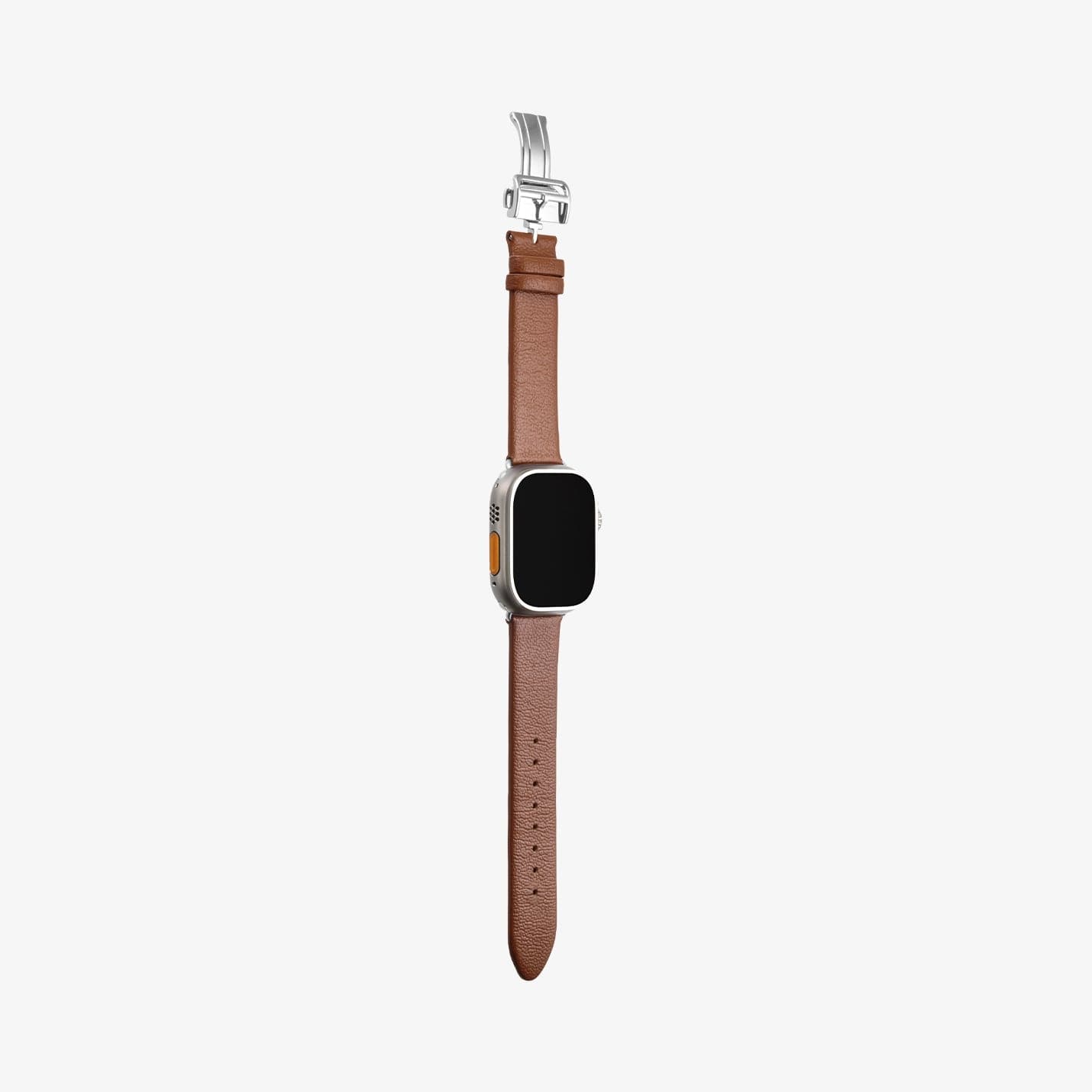 AMP06927 - Apple Watch Series (Apple Watch (49mm)/Apple Watch (45mm)/Apple Watch (42mm)) Watch Band Enzo in classic brown showing the front and side with watch band laid out flat