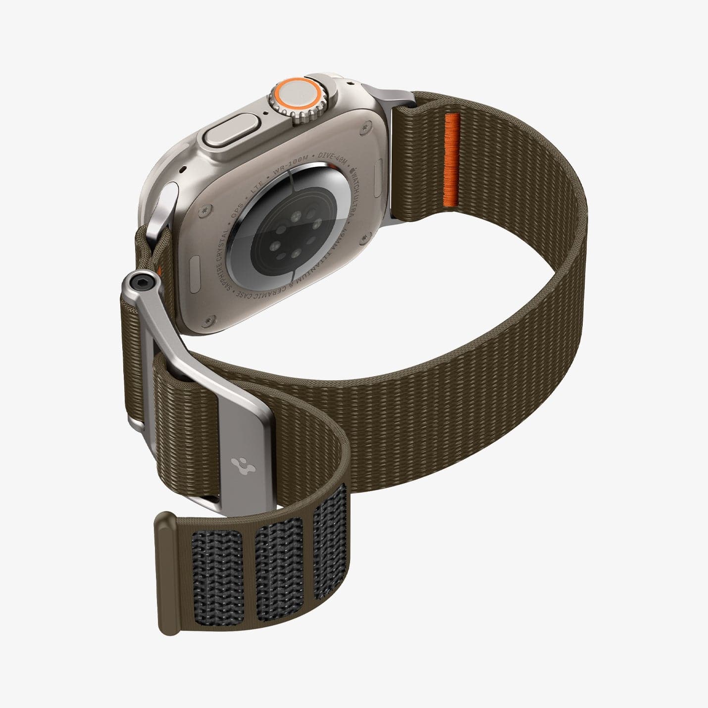 AMP05982 - Apple Watch (49mm) DuraPro Flex Ultra in Khaki showing the back, side, partial inner and bottom with flowing side of the strap