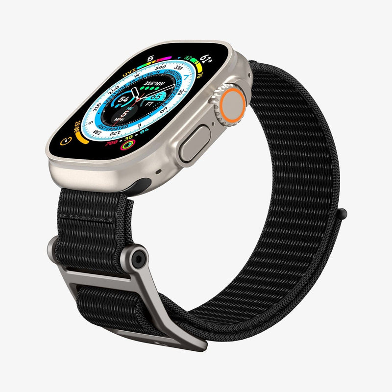 AMP02465 - Apple Watch Series (Apple Watch (49mm)/Apple Watch (45mm)/Apple Watch (42mm)) Watch Band DuraPro Flex in black showing the front, partial side and inside of band