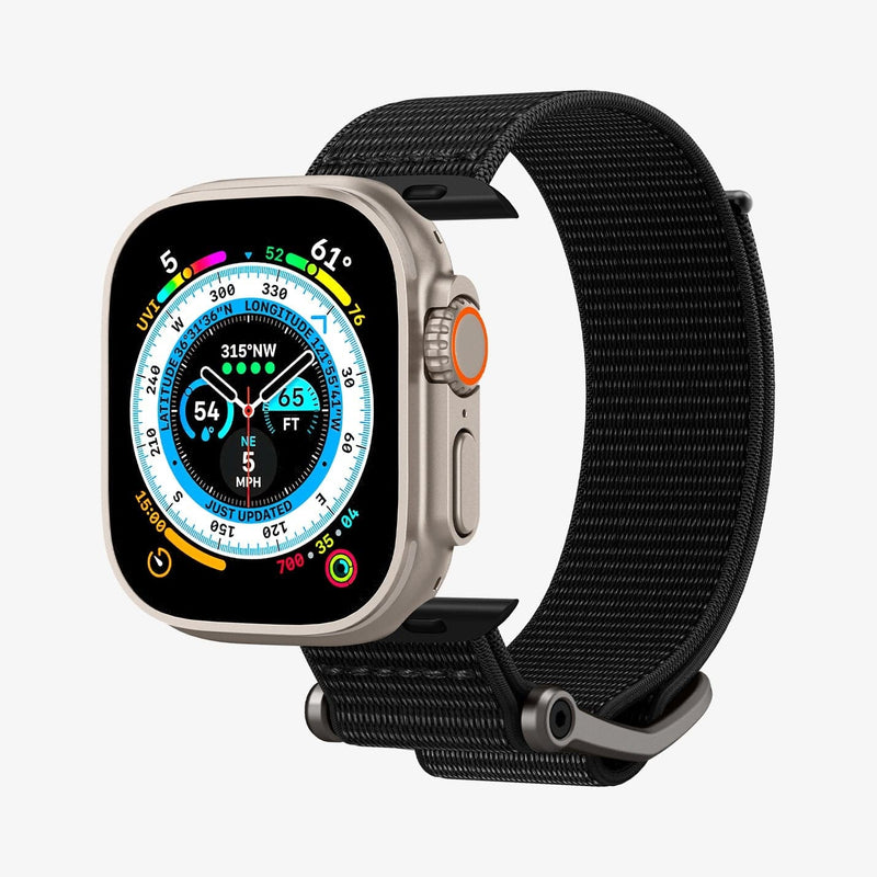 AMP02465 - Apple Watch Series (Apple Watch (49mm)/Apple Watch (45mm)/Apple Watch (42mm)) Watch Band DuraPro Flex in black showing the front with watch face hovering in front of band