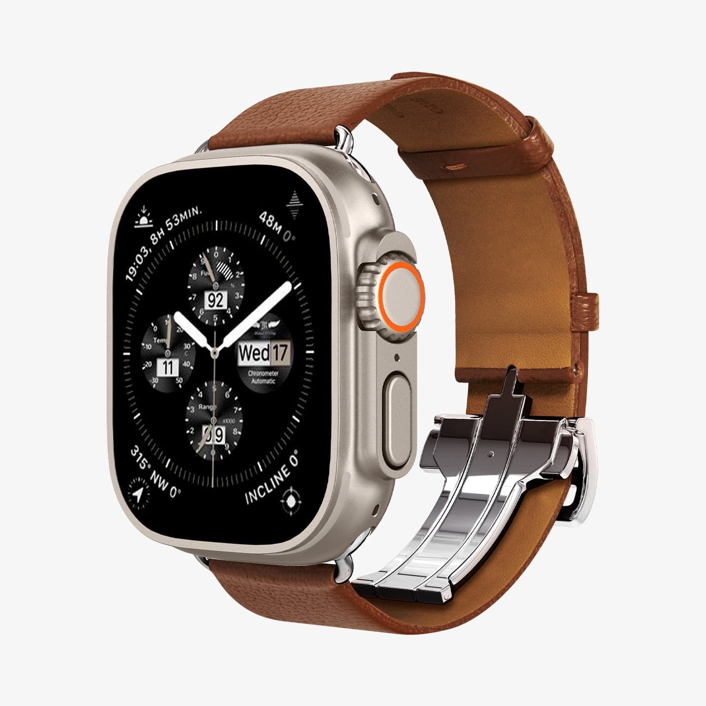 AMP06927 - Apple Watch Series (Apple Watch (49mm)/Apple Watch (45mm)/Apple Watch (42mm)) Watch Band Enzo in classic brown showing the front and side