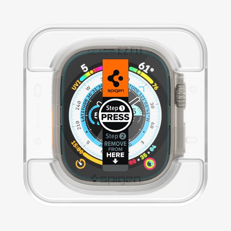 AGL05556 - Apple Watch Ultra Screen Protector EZ FIT Glas.tR showing the ez fit tray installed on apple watch face front view