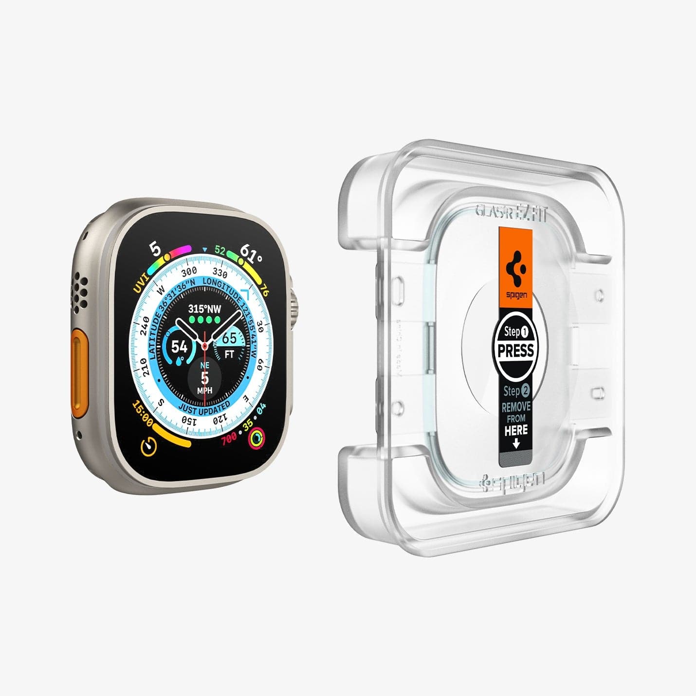 AGL05556 - Apple Watch Ultra Screen Protector EZ FIT Glas.tR showing the ez fit tray hovering slightly in front of apple watch face