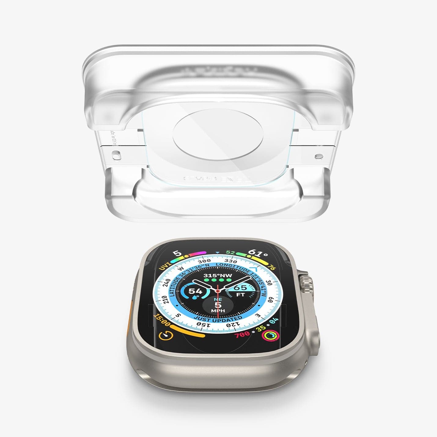 AGL05556 - Apple Watch Ultra Screen Protector EZ FIT Glas.tR showing the ez fit tray hovering above the apple watch face