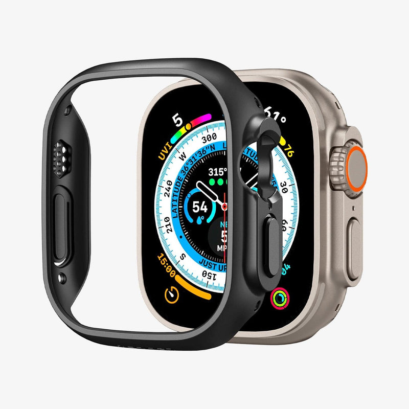 ACS05458 - Apple Watch Ultra (Apple Watch (49mm)) Case Thin Fit in black showing the case hovering in front of watch face